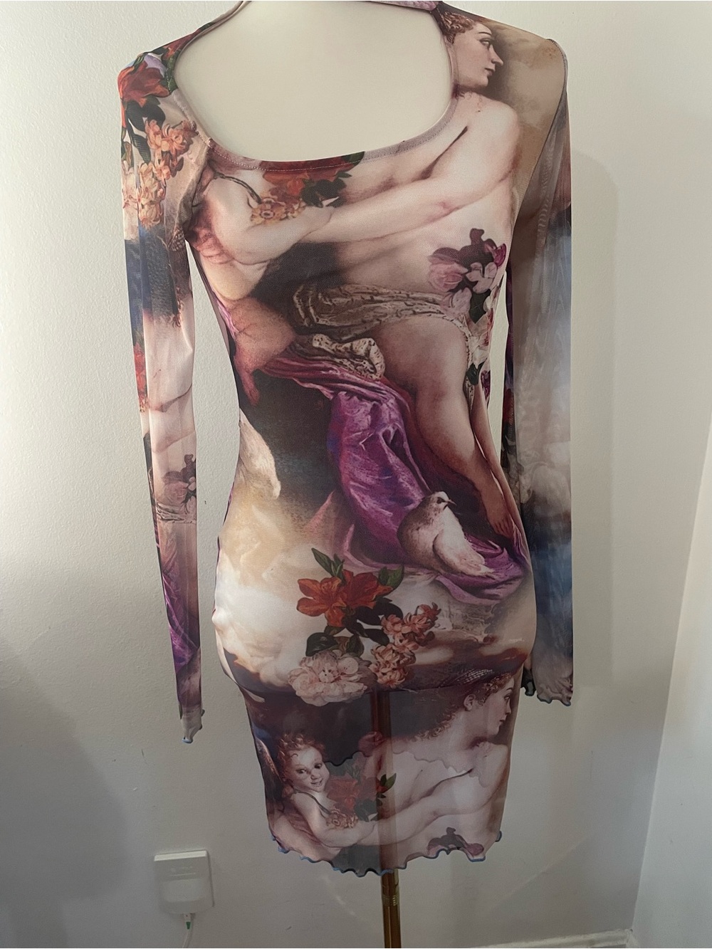 Vintage Cherub art to wear Print Long Sleeve Sheer Bodycon Dress made in USA
